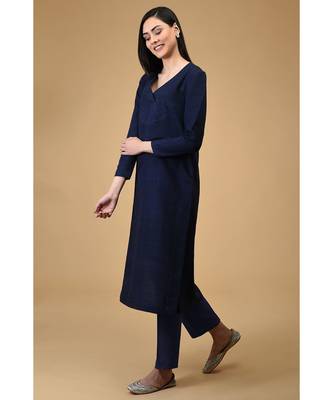 Navy Blue Pure Silk Overlap Kurta Set With Dupatta 7