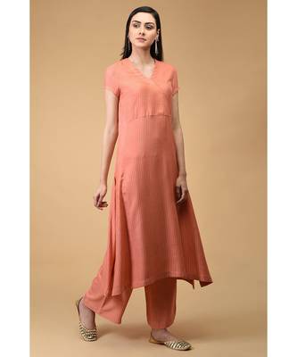Salmon Self Weave Kurta Set With Dupatta 4