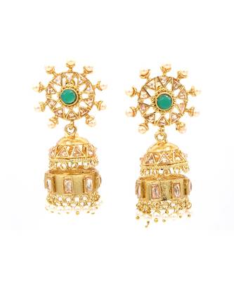 Green Stone Studded Designer Jhumkas 6