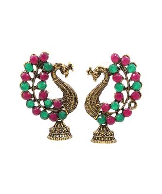 Silver Plated Pink & Green Stone Studded Peacock Earrings 3