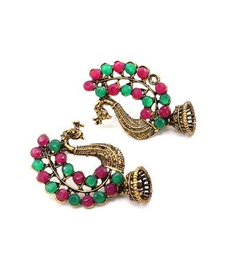 Silver Plated Pink & Green Stone Studded Peacock Earrings 4