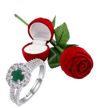 Silver Plated CZ American Diamond Adjustable Finger Ring with Red Rose Gift Box For Women/Girls  4