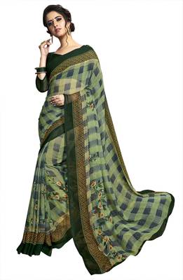 Green printed chiffon saree with blouse 1
