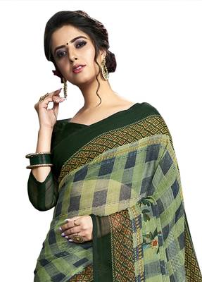 Green printed chiffon saree with blouse 2