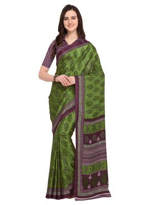 Green plain silk blend saree with blouse 1
