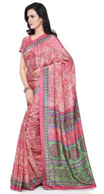 Pink plain silk blend saree with blouse 2