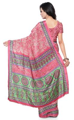 Pink plain silk blend saree with blouse 3