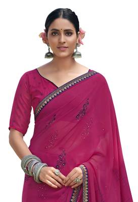 Magenta embroidered georgette saree with blouse 2