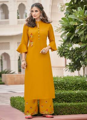Mustard embroidered rayon salwar 3