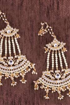 Gold Plated Kundan & Pearl Earrings with Chain for Women (E2464W)