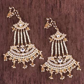 Gold Plated Kundan & Pearl Earrings with Chain for Women  1