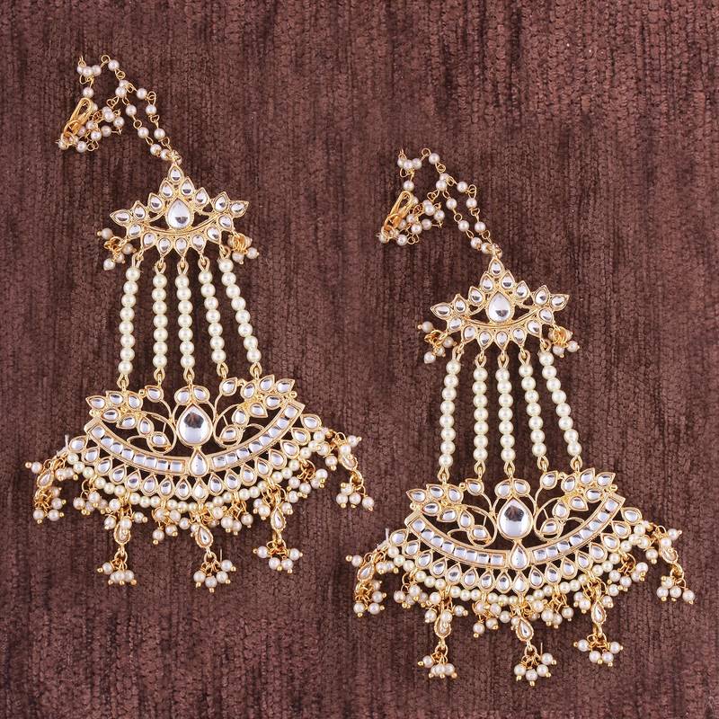 Gold Plated Kundan & Pearl Earrings with Chain for Women (E2464W)