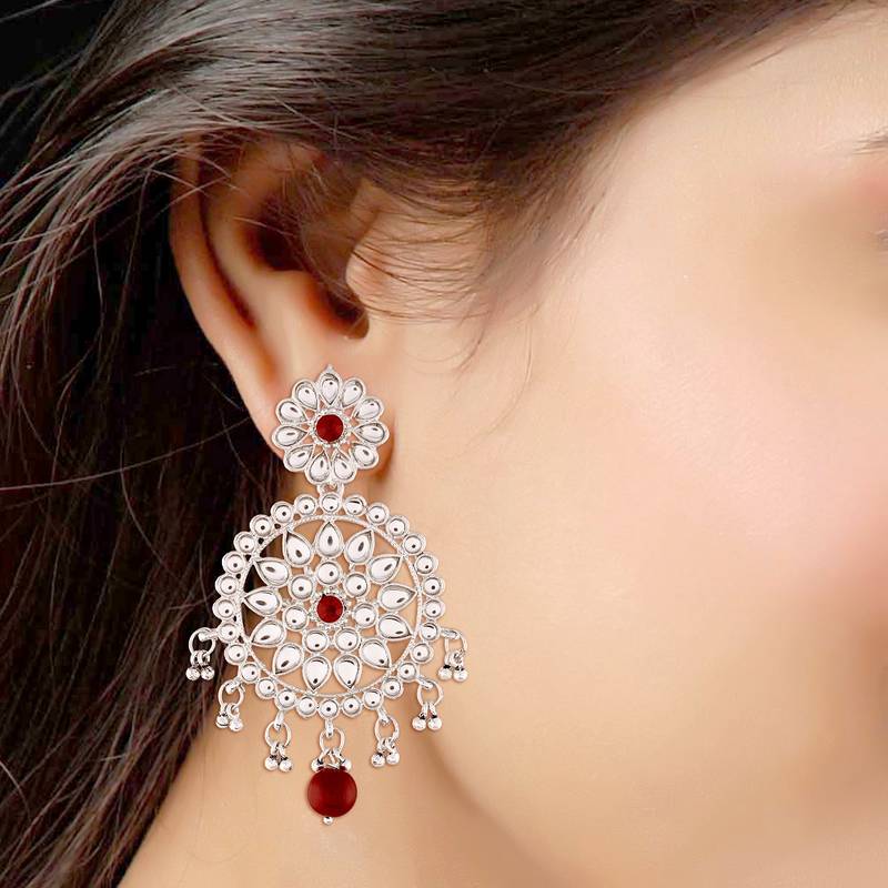Rhodium Plated Kundan Chandbali Earrings for Women 