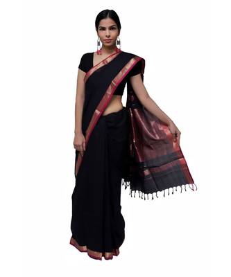 Black Maheshwari  Cotton Saree with Zari Border Stripes  Traditional saree 1