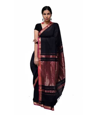 Black Maheshwari  Cotton Saree with Zari Border Stripes  Traditional saree 3