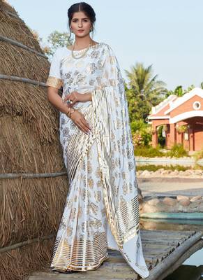 White Silk Foil Printed Traditional Saree 1