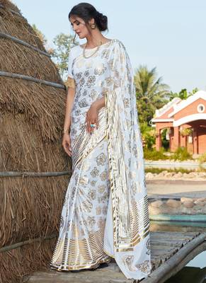 White Silk Foil Printed Traditional Saree 2