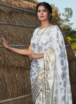 White Silk Foil Printed Traditional Saree 3