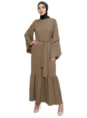 JSDC Women Islamic Nida Fabric Arabic Abaya Burqa With Pearl Work (Beige, Multi Size) 1