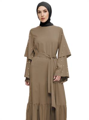 JSDC Women Islamic Nida Fabric Arabic Abaya Burqa With Pearl Work (Beige, Multi Size) 2