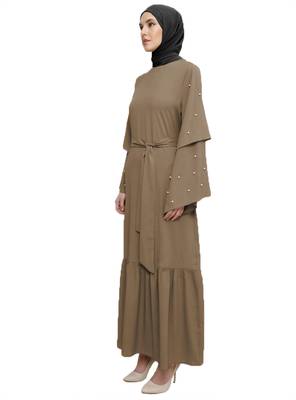 JSDC Women Islamic Nida Fabric Arabic Abaya Burqa With Pearl Work (Beige, Multi Size) 4