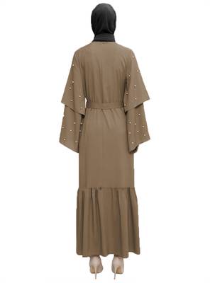 JSDC Women Islamic Nida Fabric Arabic Abaya Burqa With Pearl Work (Beige, Multi Size) 5