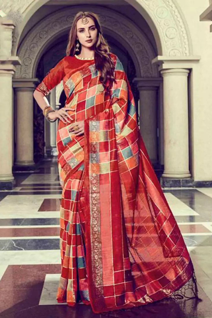 Red Art Silk    Printed  Saree With Blouse For Women