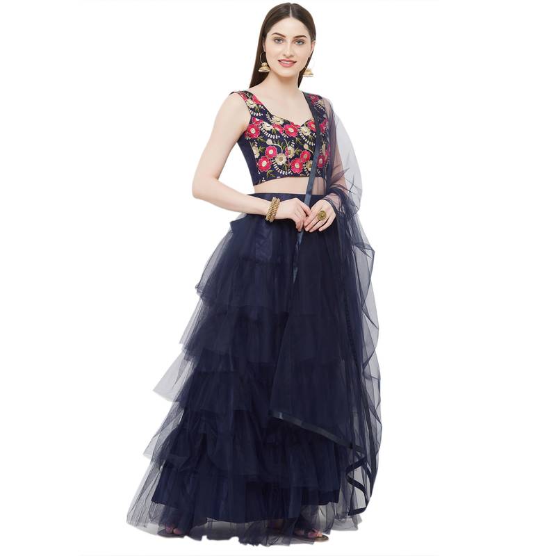 Nevy Blue Embroidered Satin Semi Stitched Lehenga AASVAA FASHION 3440985