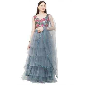 Grey Embroidered Satin Semi Stitched Lehenga 1