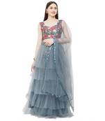 Grey Embroidered Satin Semi Stitched Lehenga
