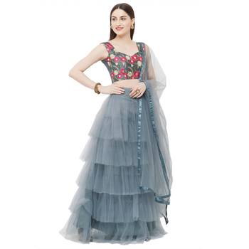 Grey Embroidered Satin Semi Stitched Lehenga 2