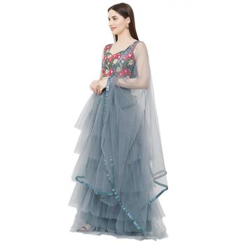 Grey Embroidered Satin Semi Stitched Lehenga 3