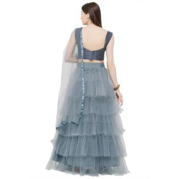 Grey Embroidered Satin Semi Stitched Lehenga 4