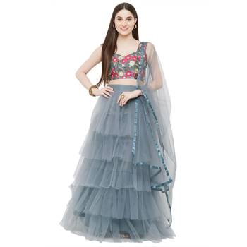 Grey Embroidered Satin Semi Stitched Lehenga 5