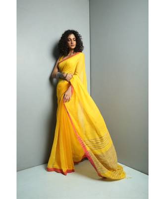 Yellow Makhlin Saree With Border And Blouse 1