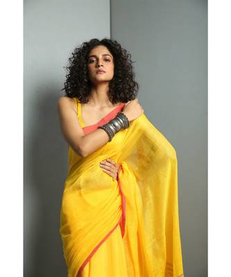 Yellow Makhlin Saree With Border And Blouse 2