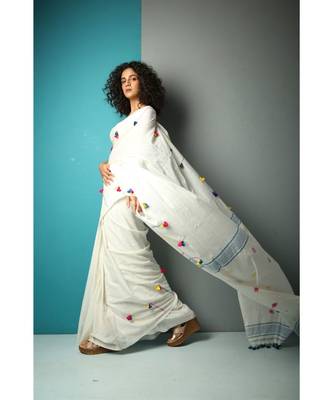 White Cotton Saree With PomPom 1