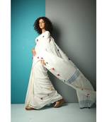 White Cotton Saree With PomPom