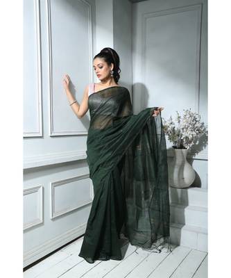 Deep Green Sequined saree With Blouse 1