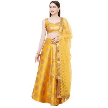 Yellow Embroidered Satin Semi Stitched Lehenga 1