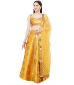 Yellow Embroidered Satin Semi Stitched Lehenga