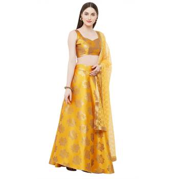 Yellow Embroidered Satin Semi Stitched Lehenga 2