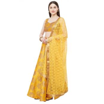 Yellow Embroidered Satin Semi Stitched Lehenga 3