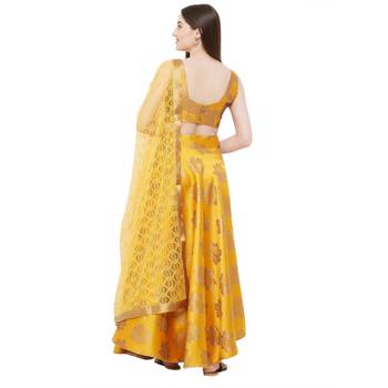 Yellow Embroidered Satin Semi Stitched Lehenga 4