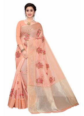 Orange Embroidered Super Net Saree With Blouse 1