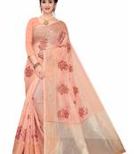 Orange Embroidered Super Net Saree With Blouse