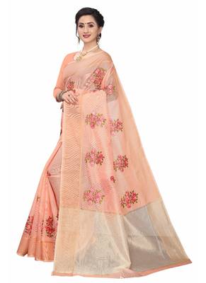 Orange Embroidered Super Net Saree With Blouse 2