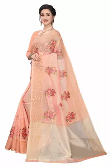 Orange Embroidered Super Net Saree With Blouse