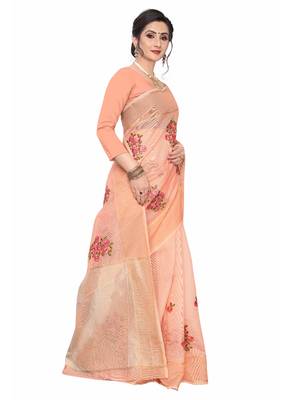 Orange Embroidered Super Net Saree With Blouse 3