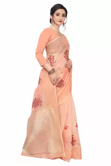 Orange Embroidered Super Net Saree With Blouse